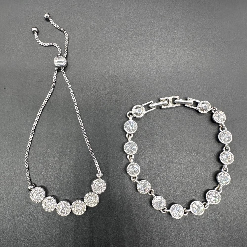 Rhinestone Tennis Bracelets Lot of Two Silver Tone Sparkle Glamorous Jewelry - Picture 3 of 9